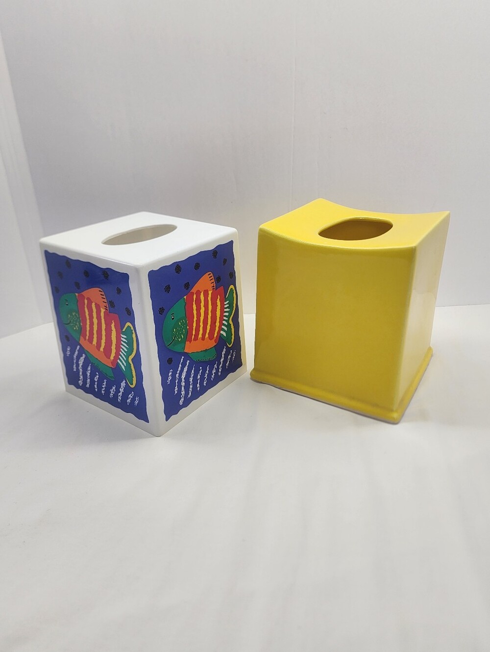 2pc Ceramic Yellow & Melaminr Tropical Fish Tissue Box Covers